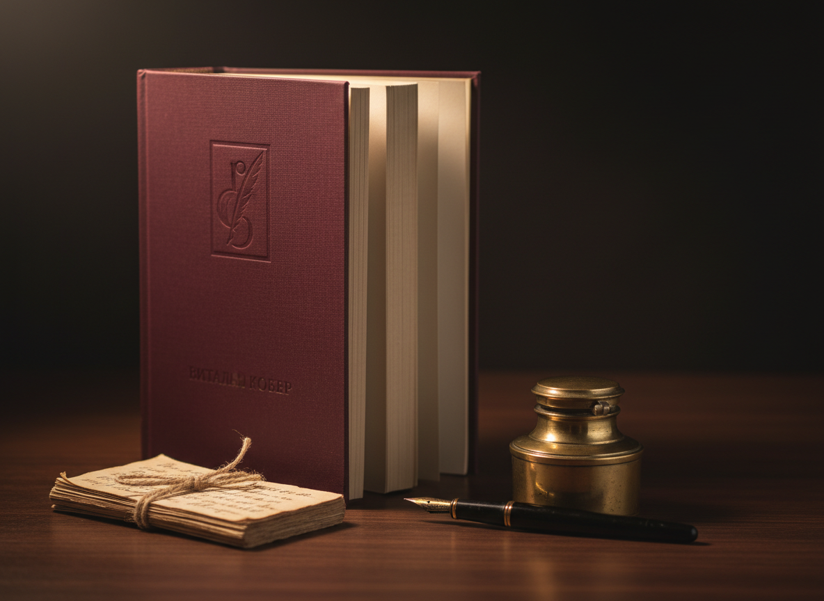 A carefully arranged still life of a hardbound Russian poetry book titled for Vitaly Kober without visible readable text, its deep burgundy cloth cover subtly embossed with an abstract emblem suggesting a quill and musical note. The book rests slightly open on a dark walnut desk, thin cream pages gently curled. Around it lie a vintage fountain pen, an old brass inkwell, and a neatly stacked bundle of handwritten pages with blurred, illegible script. Soft, warm lamplight from the side creates a gentle glow on the book’s spine and delicate shadows in the page folds. Photographic realism, eye-level composition, shallow depth of field, with the background fading into a velvety darkness, evoking a sophisticated, intimate literary atmosphere.