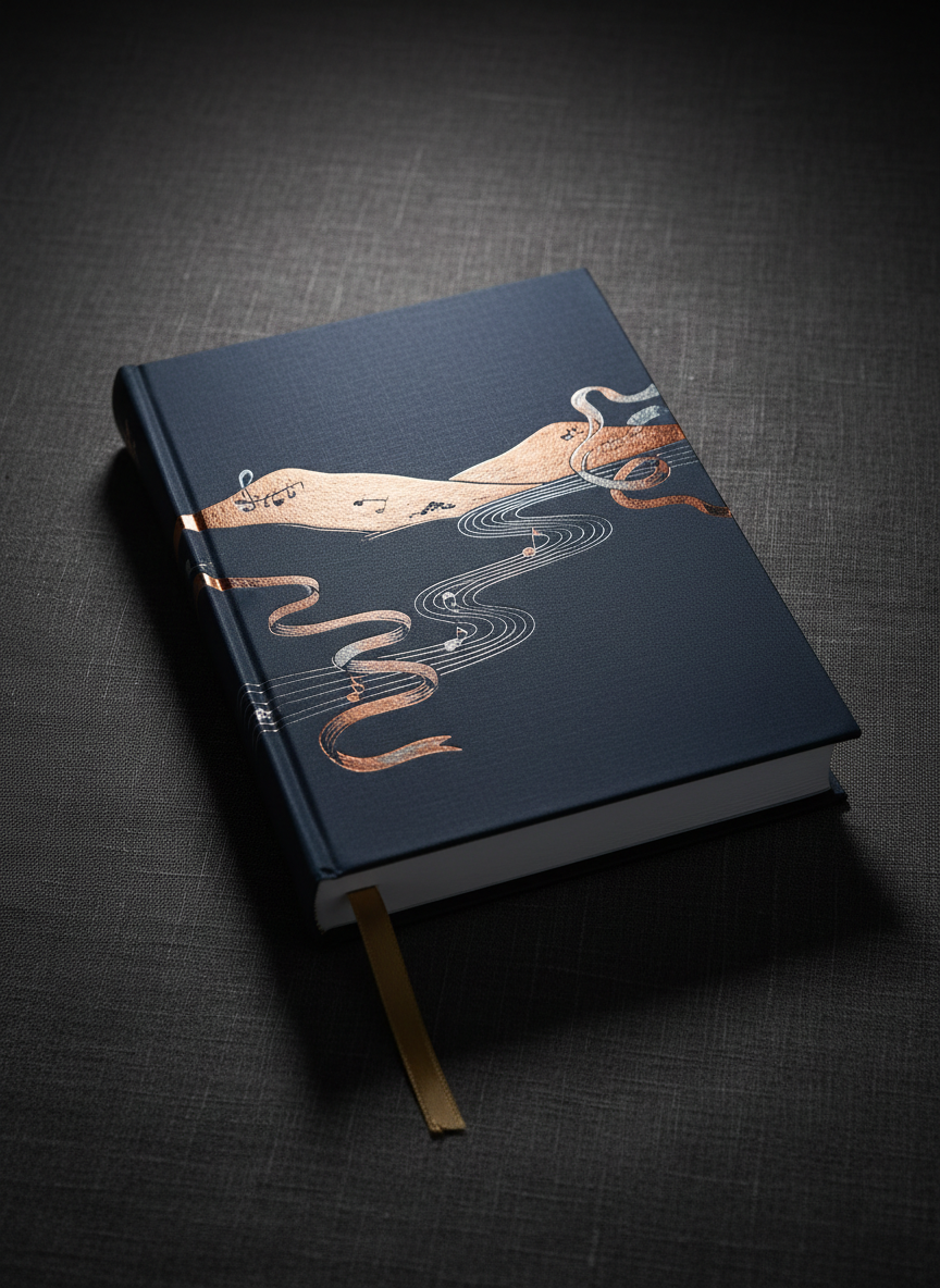 A close-up, photographic, book-cover-style composition featuring a single hardcover volume of Russian poetry attributed to Vitaly Kober, lying flat on textured charcoal linen fabric. The cover is a deep midnight blue with a minimalist, foil-stamped abstract design hinting at the Russian landscape and musical romance, no readable title. A silk ribbon bookmark in muted gold peeks out from the bottom edge. Directional studio lighting from above and slightly behind produces a dramatic, soft-edged highlight along the top of the book and gentle shadows in the linen’s weave. Shot from a slightly elevated angle with sharp focus on the book and a gradual falloff into blur around the edges, the mood feels sophisticated, timeless, and suitable as a hero image for a literary homepage.
