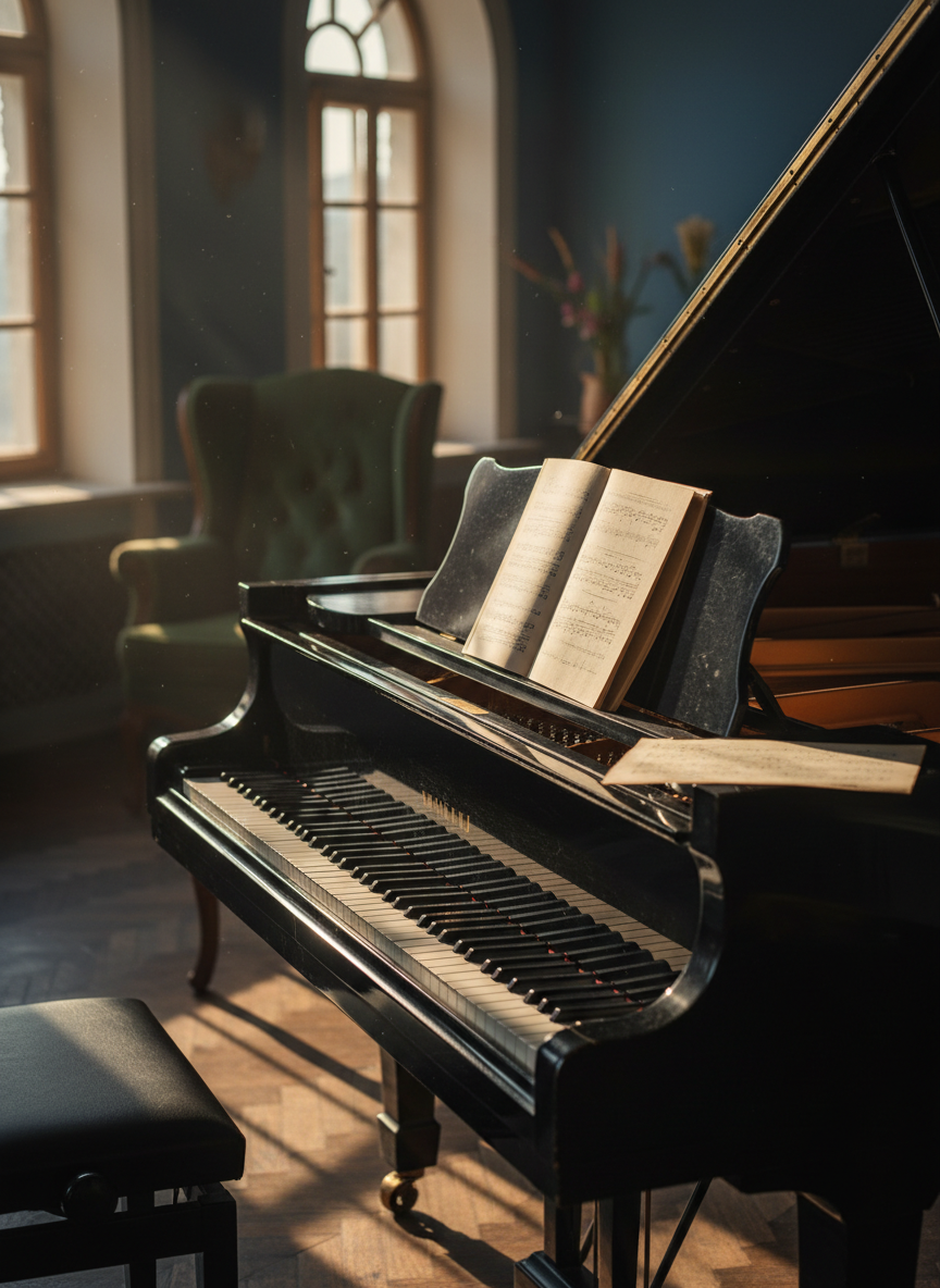 A refined music room still life showing a glossy black grand piano lid raised just enough to reveal strings and hammers, with a slim Russian poetry book by Vitaly Kober resting on the music stand, its pages open but text softly unfocused. A single sheet of handwritten music, with notes blurred beyond recognition, lies across the keys. Golden-hour sunlight streams through high windows, catching dust in the air and casting long, delicate shadows across the piano’s polished surface. Photographic realism, shot from a low, three-quarter angle that emphasizes the piano’s curves and the relationship between poetry and romance music. The atmosphere is lyrical, sophisticated, and quietly dramatic, perfect for a section about romances based on his poetry and musical adaptations.