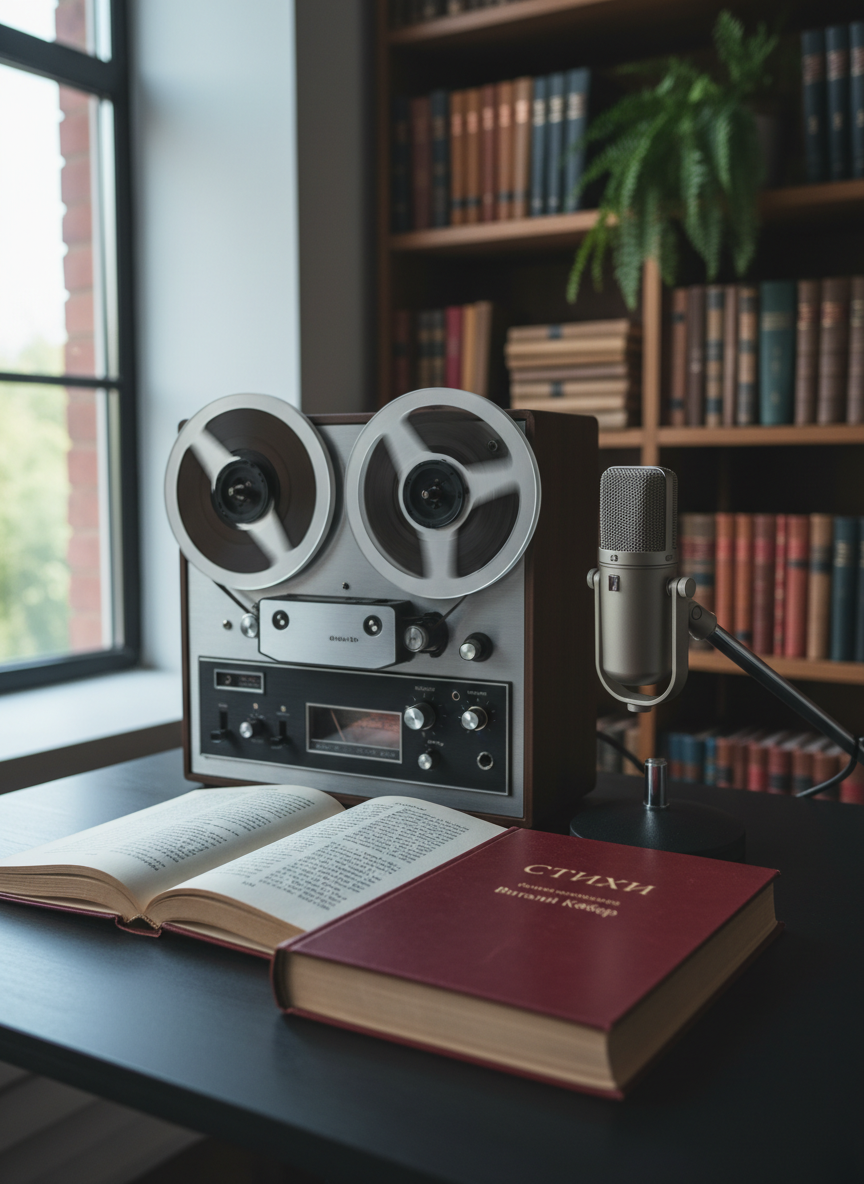 An elegantly composed desk scene featuring a classic reel-to-reel tape recorder and a high-quality studio microphone facing an open Russian poetry book associated with Vitaly Kober, its pages filled with soft, unfocused lines of text. The equipment sits on a matte black wooden table near a large window, where cool afternoon light gently washes over metal surfaces, creating subtle reflections. In the background, blurred shelves of leather-bound books and a single potted fern add depth. Photographic realism with a three-quarter angle and moderate depth of field, capturing crisp detail in the foreground while the library-like backdrop melts into gentle bokeh. The mood is contemplative and refined, suggesting intimate audio recordings of sophisticated poetry readings and romances.