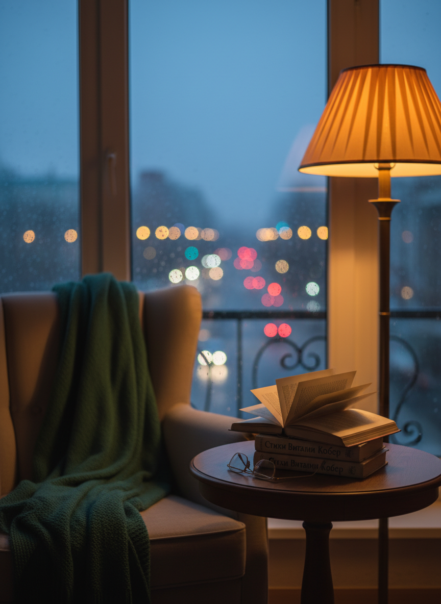 An atmospheric reading nook set by a tall, rain-streaked window at dusk, with a small stack of Russian poetry books linked to Vitaly Kober on a round, dark oak side table. The top book is slightly open, its cream pages forming a soft arc, while a pair of vintage, frameless reading glasses rests beside it. Outside, city lights blur into bokeh through the glass. The scene is lit by cool, fading natural light mixed with the warm, amber glow of a shaded floor lamp, creating a balanced, cinematic contrast. Photographic realism, eye-level framing, with the table in sharp focus and the background fading gently. The mood is introspective and romantic, ideal for pages featuring poems, reviews, and quiet reflection.